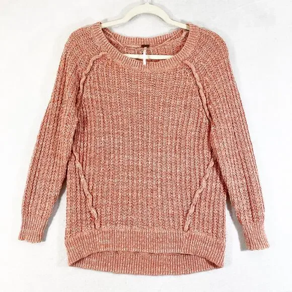Free People Sweater XS Pink Chunky Marled Knit Long Sleeve Pullover Star Dune - Picture 1 of 11